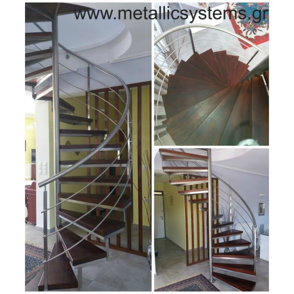 Inox στρογγυλή εσωτερική σκάλα με μασίφ ξύλινα σκαλοπάτια inox σκάλες